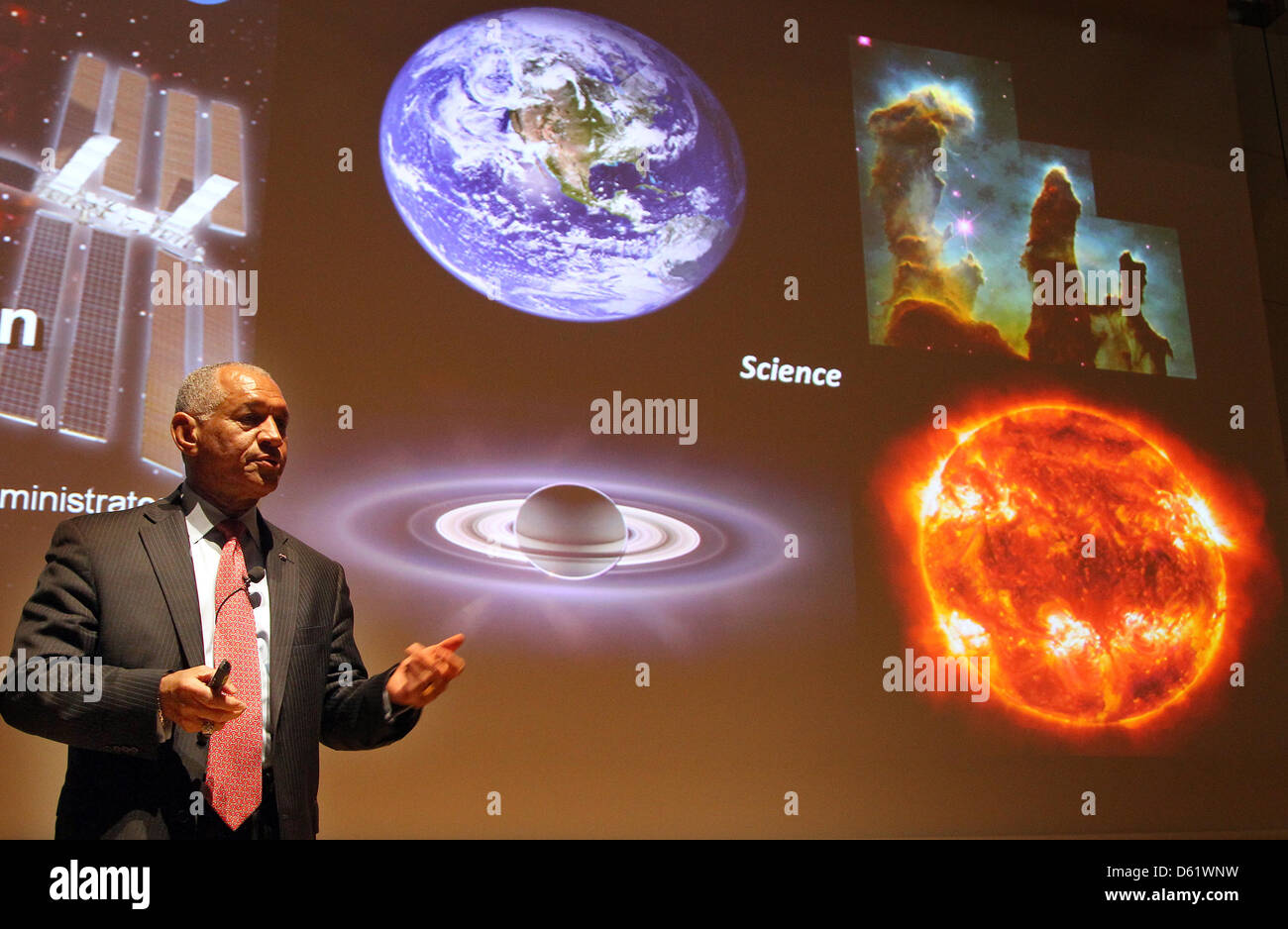 NASA administrator Charles Bolden speaks to students at the Audimax of the Technische Universität Berlin (TU Berlin) in Berlin, Germany, 03 May 2012. Photo: WOLFGANG KUMM Stock Photo