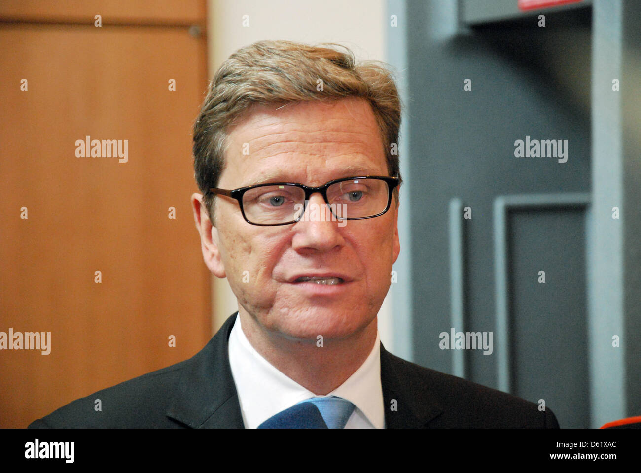 German Foreign Minister Guido Westerwelle talks at the Germany's UN Mission in New York, USA, 04 May 2012. In the nuclear dispute with Iran, Westerwelle has warned Tehran that patience is limited. An Iranian nuclear weapon can and will not be accepted. Photo: CHRIS MELZER Stock Photo