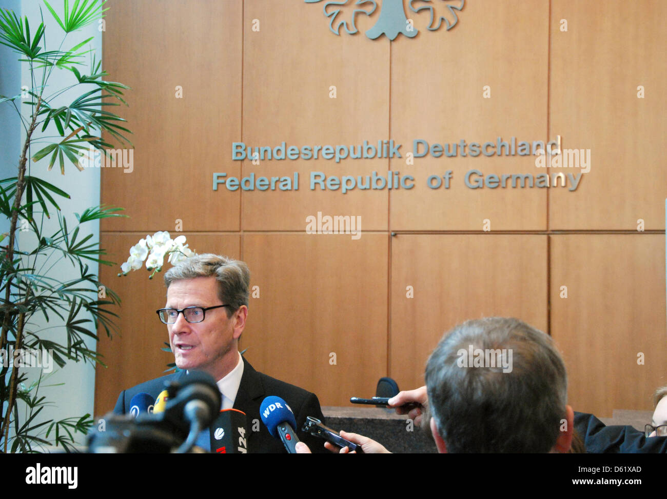 German Foreign Minister Guido Westerwelle talks at the Germany's UN Mission in New York, USA, 04 May 2012. In the nuclear dispute with Iran, Westerwelle has warned Tehran that patience is limited. An Iranian nuclear weapon can and will not be accepted. Photo: CHRIS MELZER Stock Photo