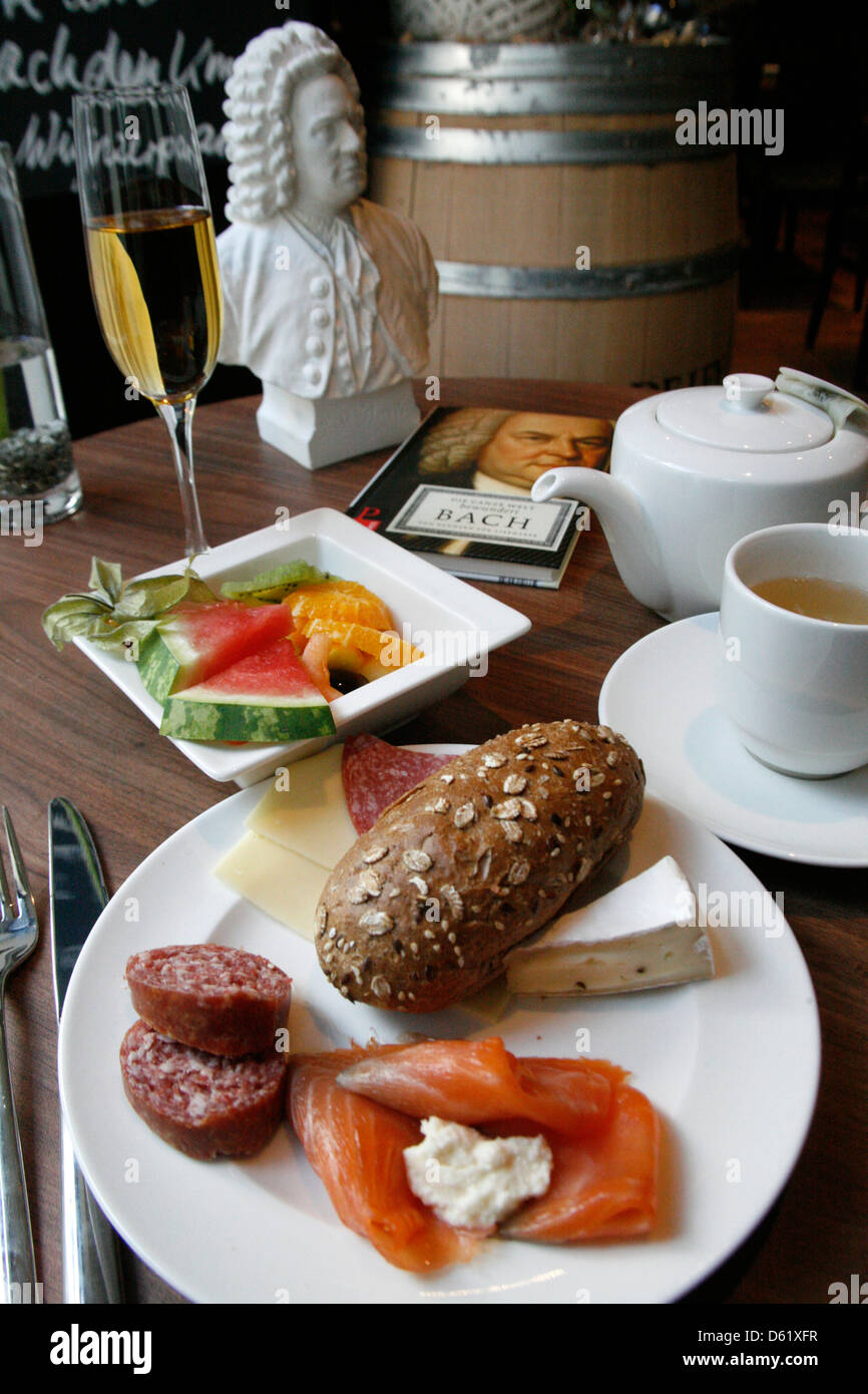 A Breakfast Buffet in the restaurant of Arcona Living Hotel across the street from Leipzig, Germany's St. Thomas Church. Stock Photo