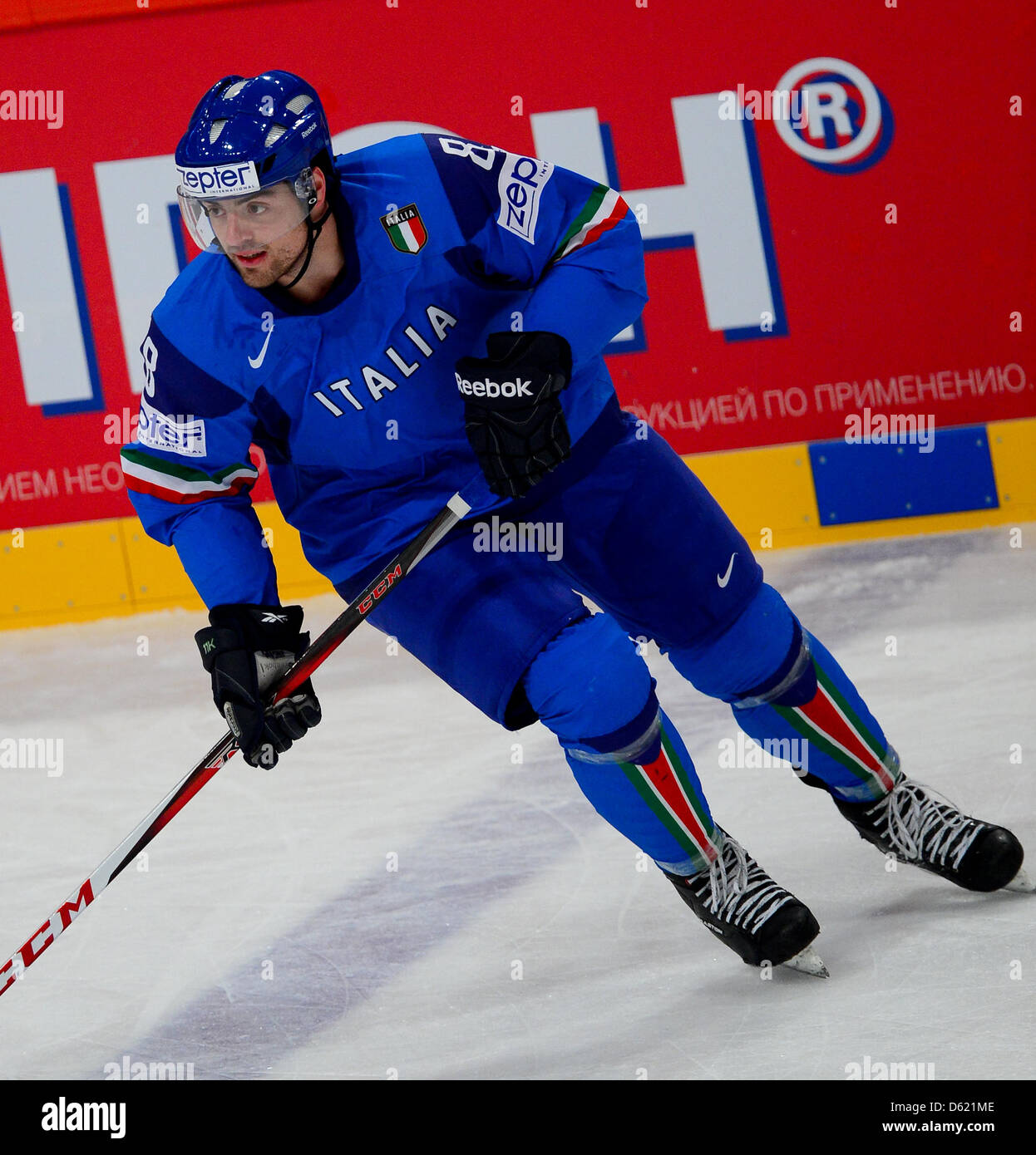 Italy's Vincent Rocco in action during the Ice Hockey World Championships  preliminary round match between Latvia