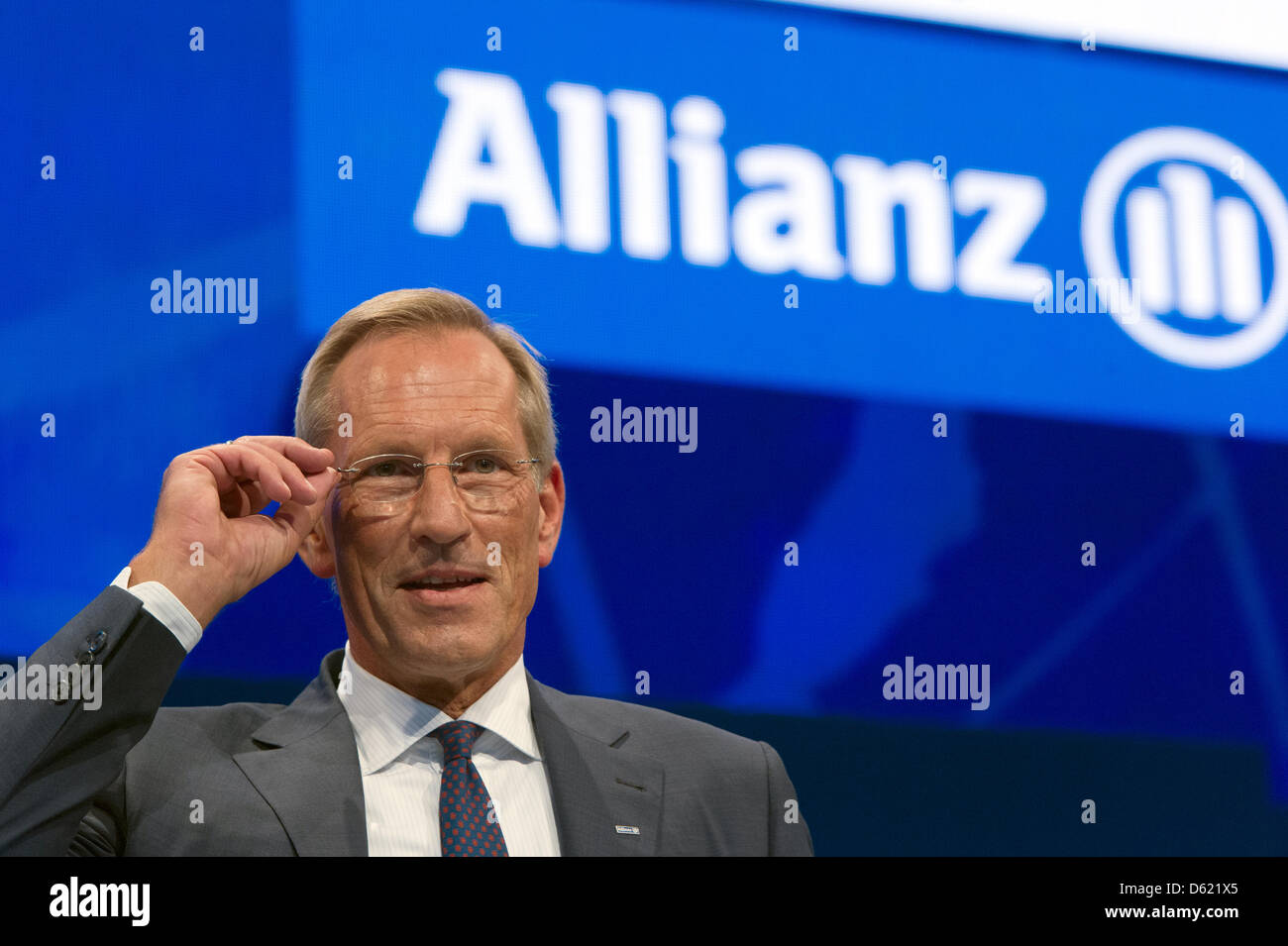 CEO of Allianz SE Michael Diekmann gestures at the general meeting of shareholders at the Olympic Hall in Munich, Germany, 09 May 2012. After a rather bad last year, Allianz can report a good start for 2012. Photo: PETER KNEFFEL Stock Photo