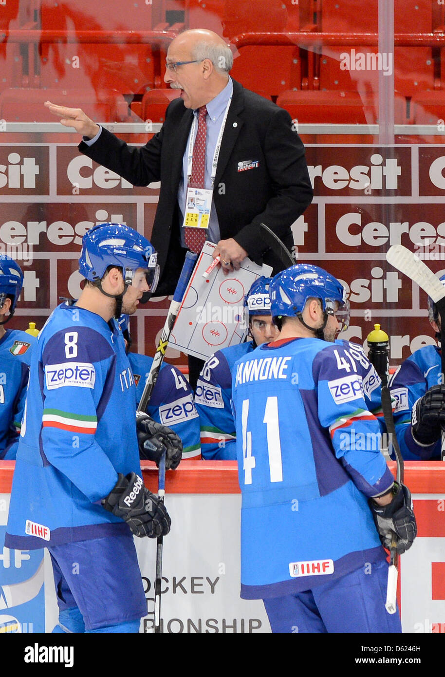 Italy's head coach Rick Cornacchia (C) gestures during the Ice Hockey World  Championships preliminary round match between Italy and Czech Republic at  the Ericsson Globe Arena in Stockholm, Sweden, 11 May 2012.