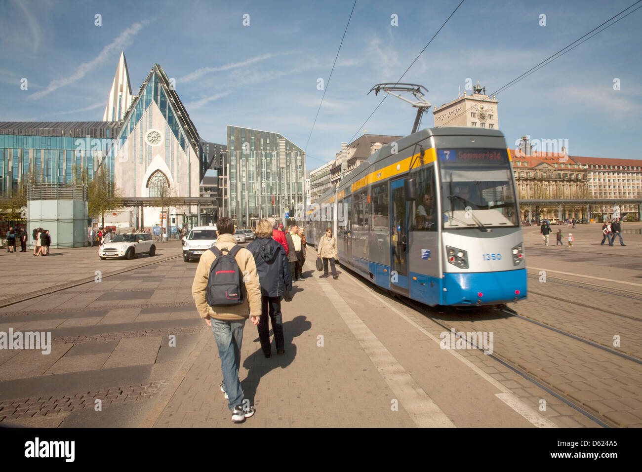 Modern street cars serve Leipzig, Germany's travel needs. Stock Photo
