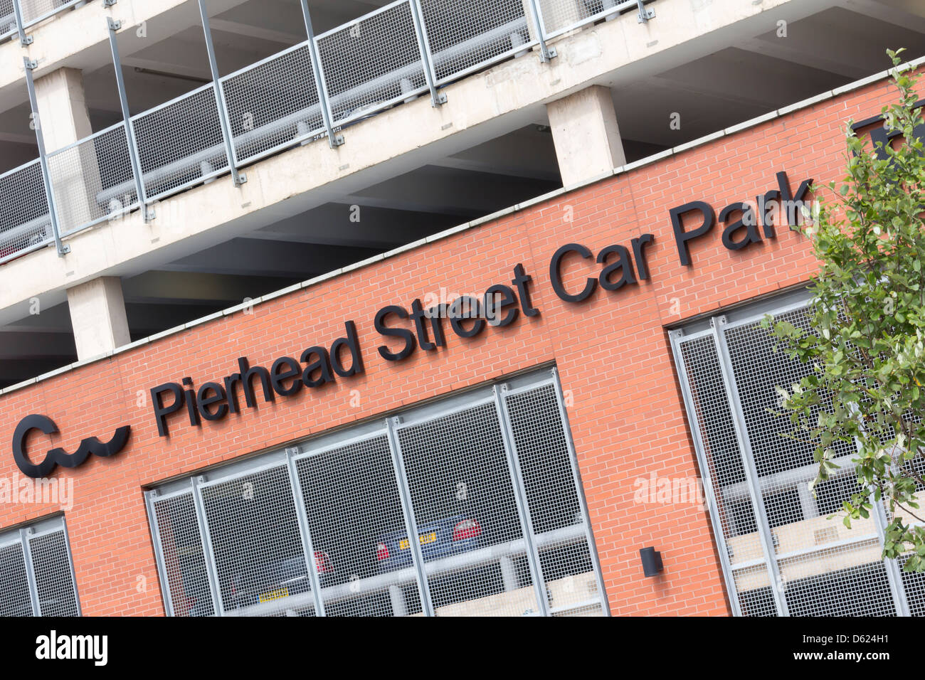 Cardiff Bay Pierhead Street car park sign. A large, 1238 space,  multi-storey car park in the heart of Cardiff Bay Stock Photo - Alamy