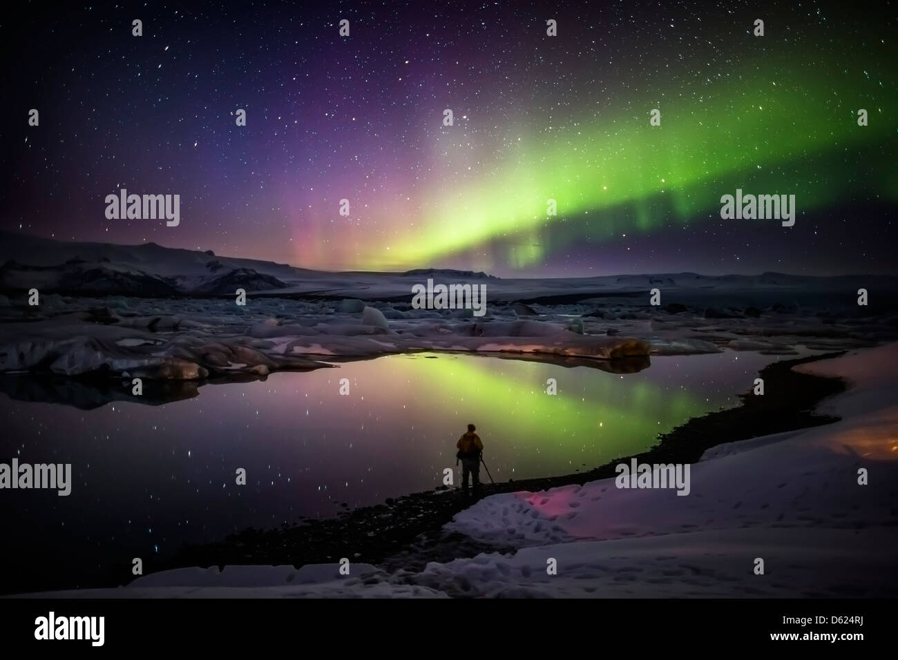 Photographing the Aurora Borealis or Northern lights at the Jokulsarlon, Breidarmerkurjokull,  Vatnajokull Ice Cap Iceland Stock Photo