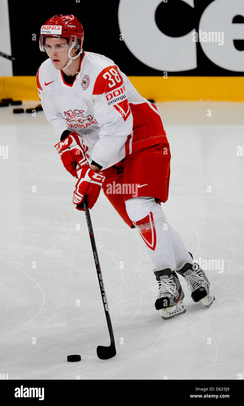 Denmark's Morten Poulsen gestures during the Ice Hockey World Championships  preliminary round match between Germany and Denmark at the Ericsson Globe  Arena in Stockholm, Sweden, 12 May 2012. Photo: Peter Steffen dpa