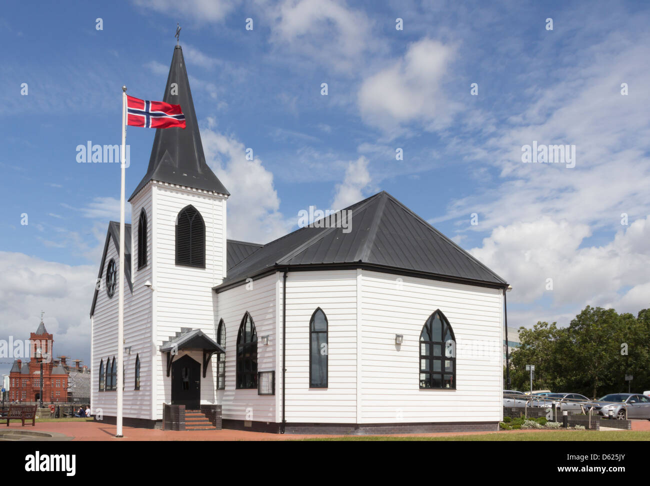 The Norwegian Church on Cardiff Bay,  built in 1868 by Norwegian Seamen’s Mission, now used as an Arts and community centre. Stock Photo