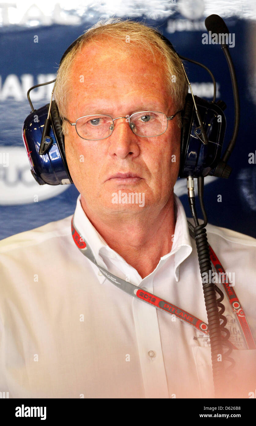 The chief motorsport of Red Bull, Austrian Helmut Marko, stands in the team garage during the third practise session at the Circuit de Catalunya in Montmelo near Barcelona, Spain, 12 May 2012. The Grand Prix of Spain will take place here on Sunday 13 May. Foto: Jan Woitas dpa Stock Photo