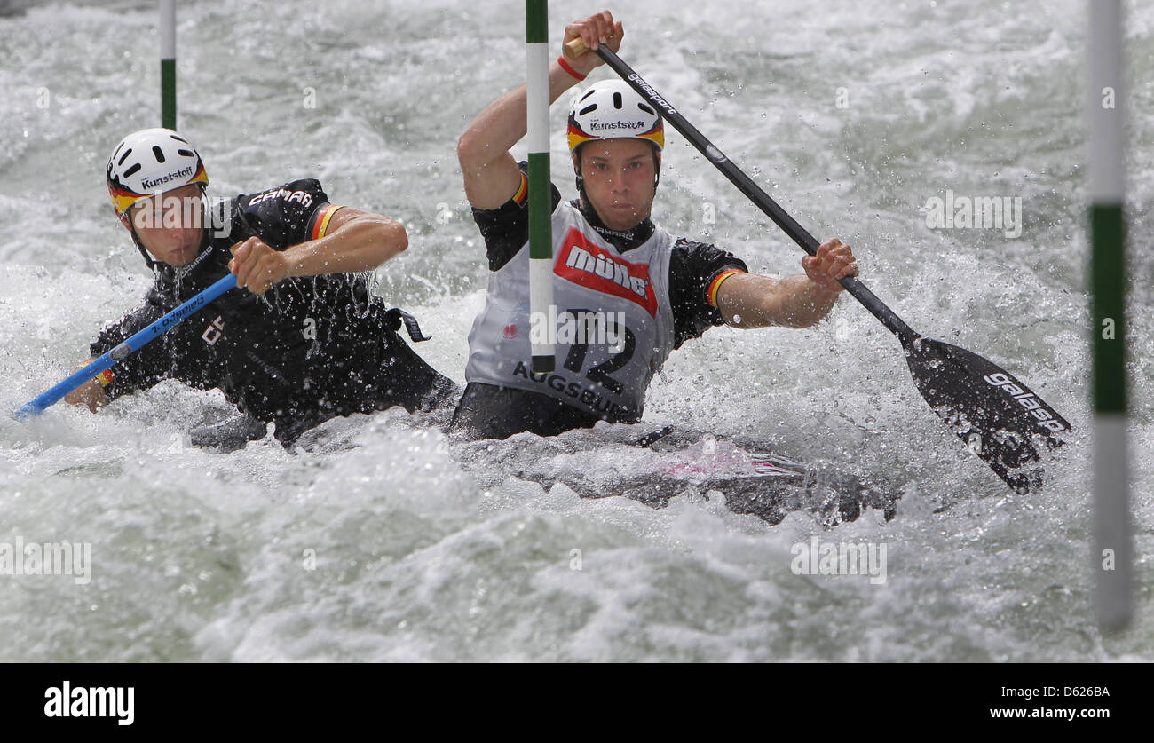German canoeists Robert Behling and Thomas Becker compete in the Canoe  Slalom European Championships at the artificial canal feature 'Eiskanal' in  Augsburg, Germany, 13 May 2012. They came in thrid place in