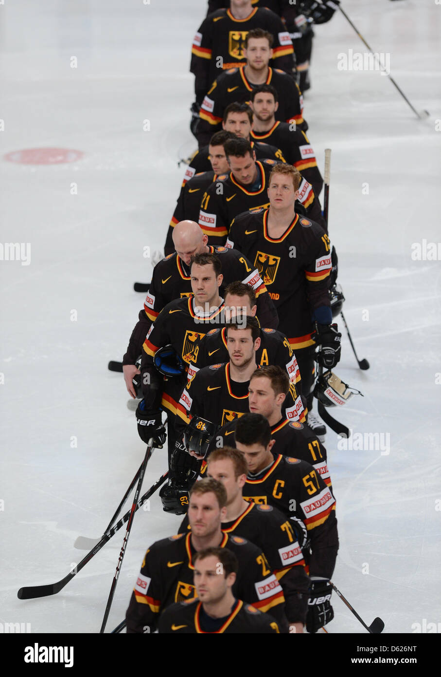 Germany's players during the Ice Hockey World Championships preliminary round match between