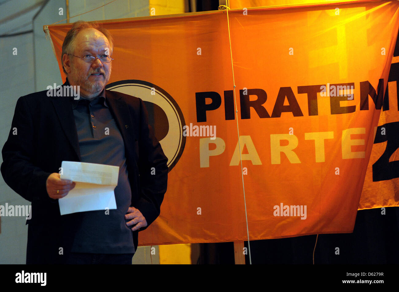 The top candidate of the Pirate Party, Joachim Paul, prepares for a speech after the favorable election outcome of the party in of the North Rhine-Westphalian state elections at an election night party in Duesseldorf, Germany, 13 May 2012. Photo: Caroline Seidel Stock Photo