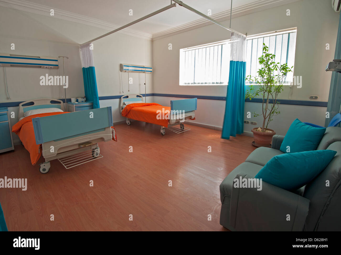 Hospital beds in a private hospital ward ward with plant and sofa Stock Photo