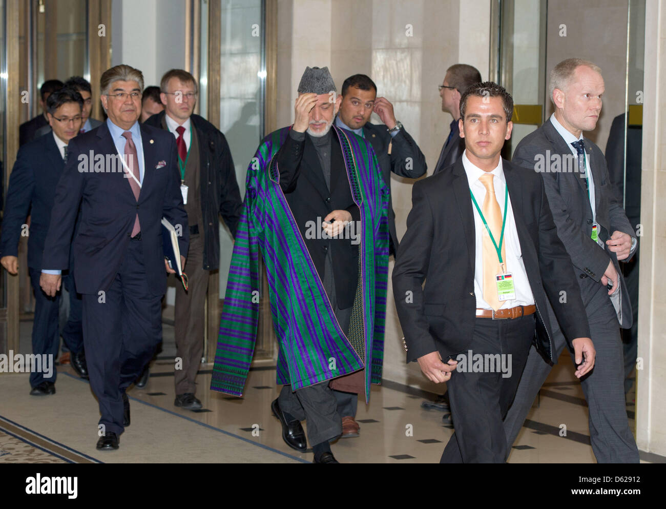 President of Afghanistan Hamid Karsai arrives at Hotel Adlon in Berlin, Germany, 16 May 2012. Before, Karzai signed an agreement on the future role of Germany in Afghanistan at the Federal Chancellery. Photo: SOEREN STACHE Stock Photo
