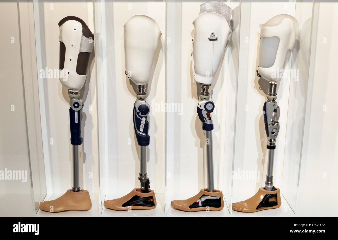 Knee and hip prosthetics from Otto Bock are displayed at the convention  center in Leipzig, Germany, 15 May 2012. The orthopedics and rehab  technology trade fair is taking place in Leipzig in