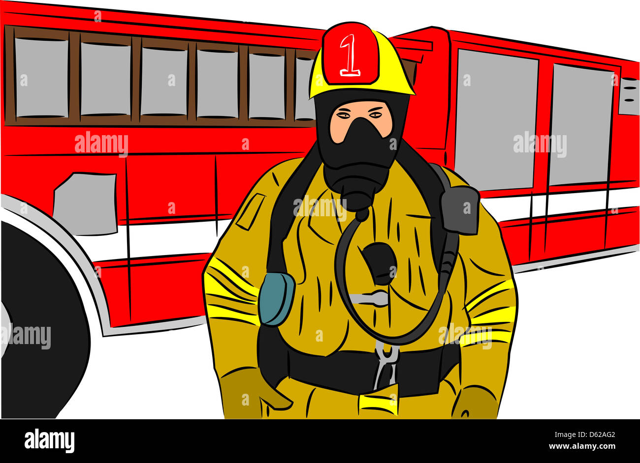 Fireman standing infront of fire truck Stock Photo