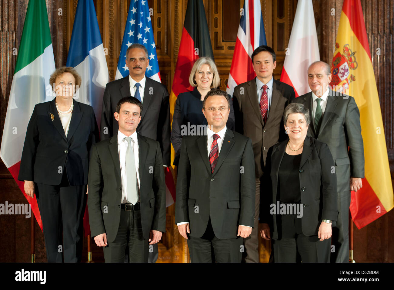 German Interior Minister Hans-Peter Friedrich (fron C) stands with his counterparts Annamaria Cancellieri (Italy, behind L-R), Attorney Gerneal of the USA Eric Holder, Theresa May (United Kingdom), Jacek Cichocki (Poland), Jorge Fernández Díaz (Spain), Manuel Valls (France, front L) and United States Secretary of Homeland Security Janet Napolitano (front R) during the G6 meeting of Stock Photo