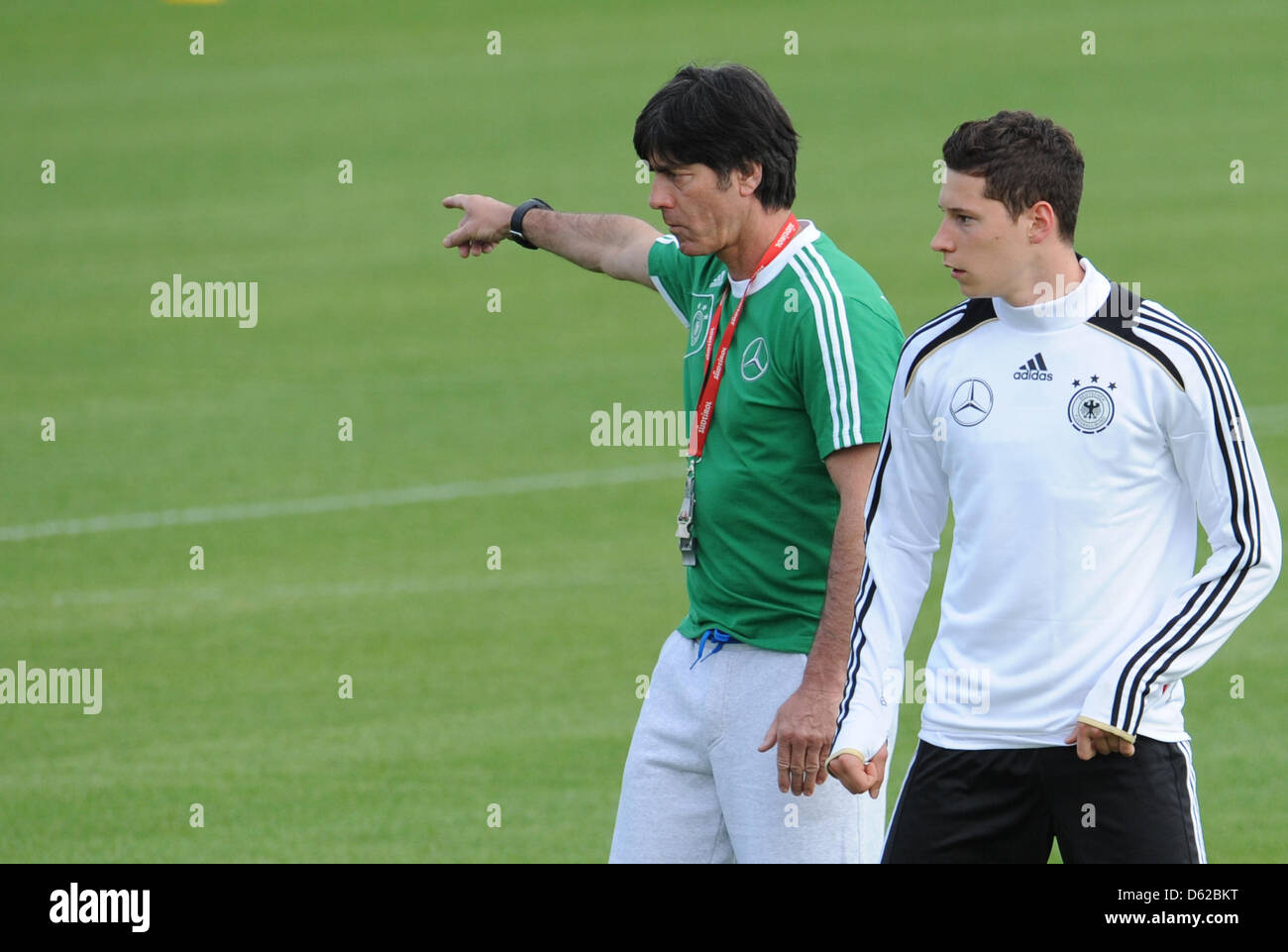 Germany's head coach Joachim Loew (L) and Julian Draxler take part in practice near Callian, France, 18 May 2012. The German national team is preparing for the Euro 2012 in southern France until 20 May. Photo: ANDREAS GEBERT Stock Photo