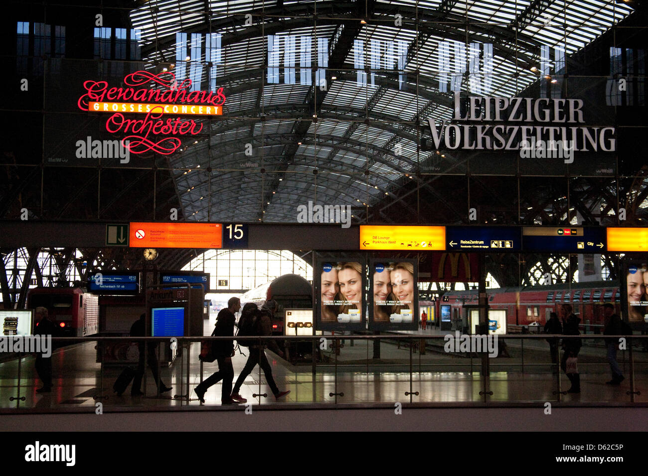 Leipzig, Germany's Central Station is among Europe's largest featuring a shopping mall with hundreds of stores. Stock Photo