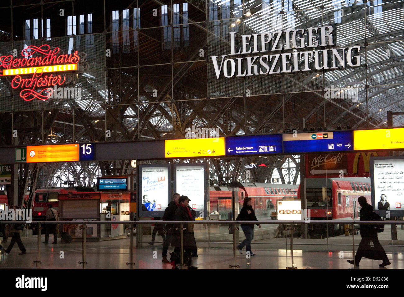 Leipzig, Germany's Central Station is among Europe's largest featuring a shopping mall with hundreds of stores. Stock Photo