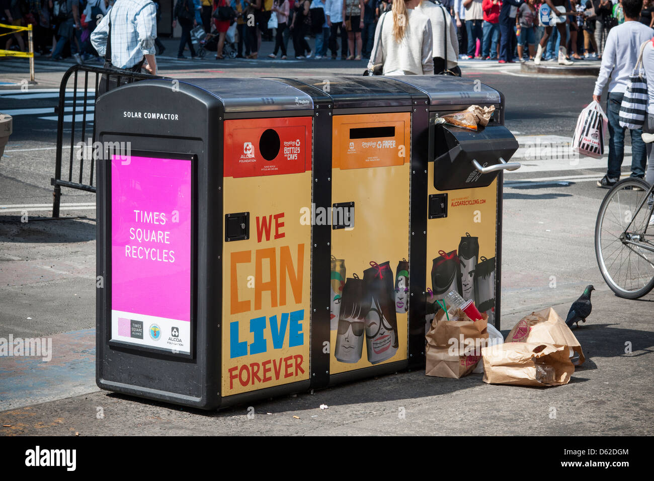 Solar powered trash compactors are seen in Times Square in New York on