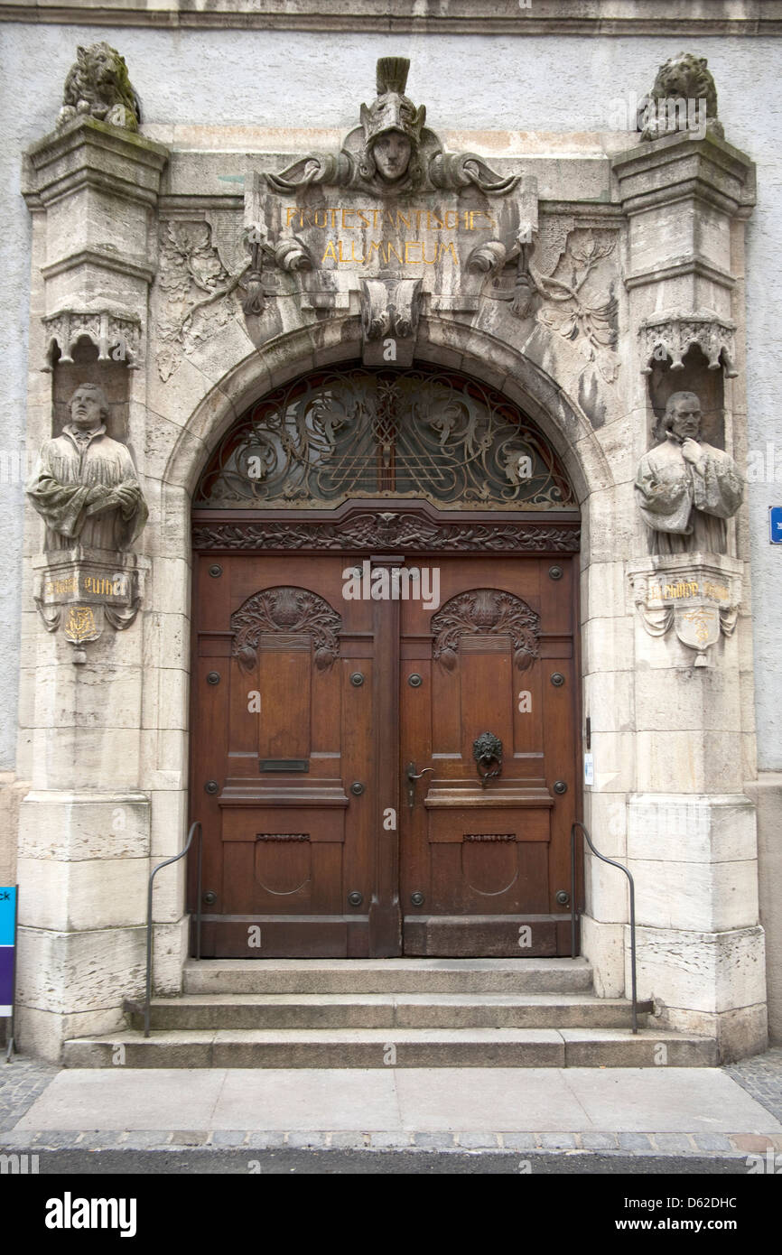 Front entrance of Lutheran Seminary in Old Town Regensburg, Germany, an UNESCO World Heritage Site. Stock Photo