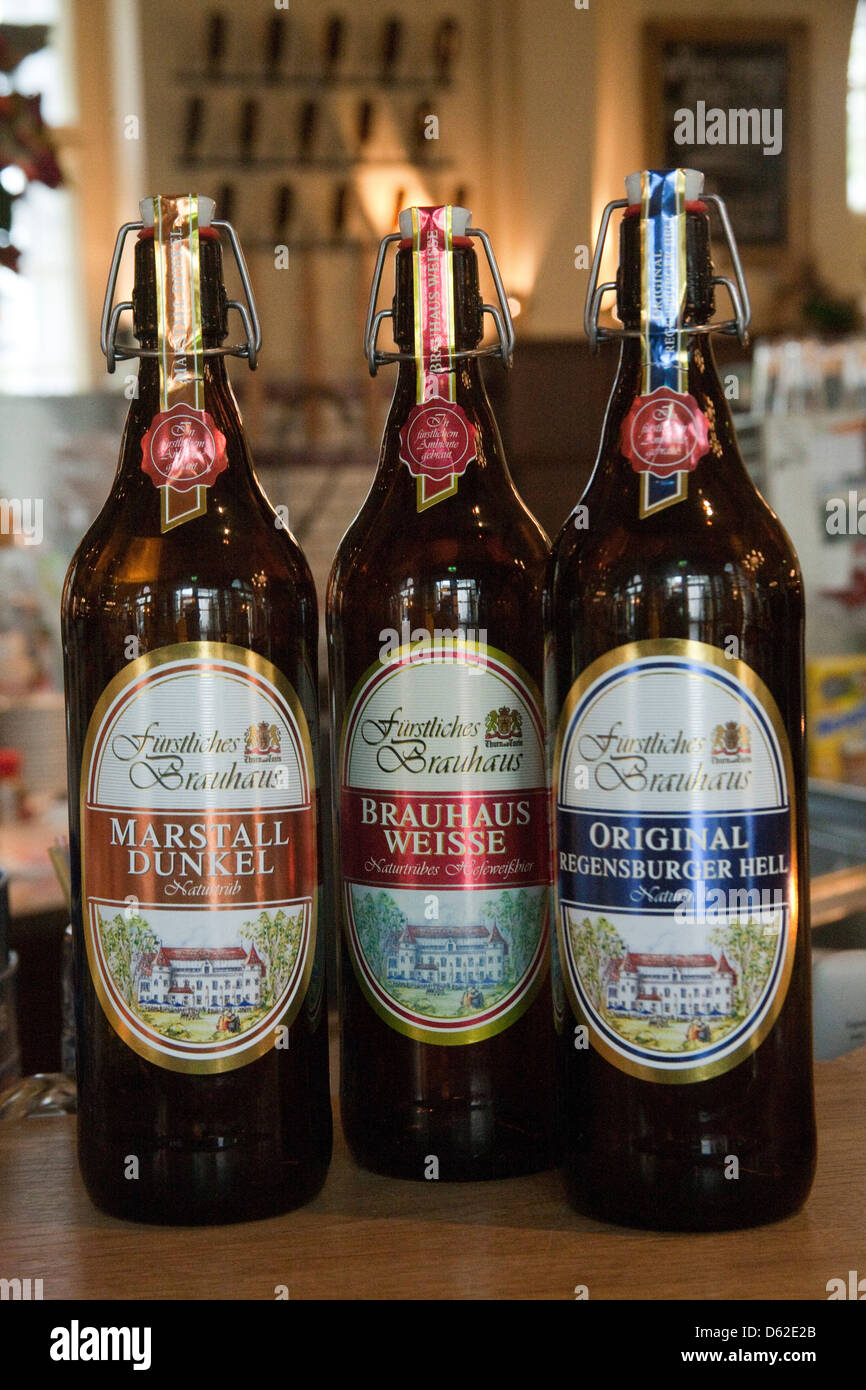 Beers from Furstliches Brewery located in the heart of Old Town Regensburg, Germany, an UNESCO World Heritage Site. Stock Photo