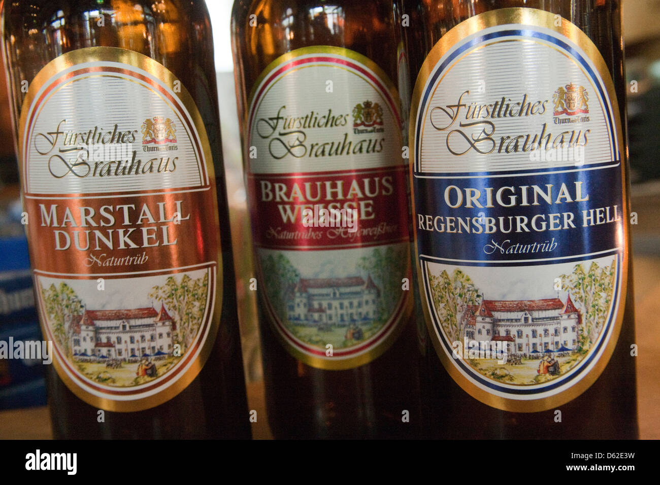 Beers from Furstliches Brewery located in the heart of Old Town Regensburg, Germany, an UNESCO World Heritage Site. Stock Photo