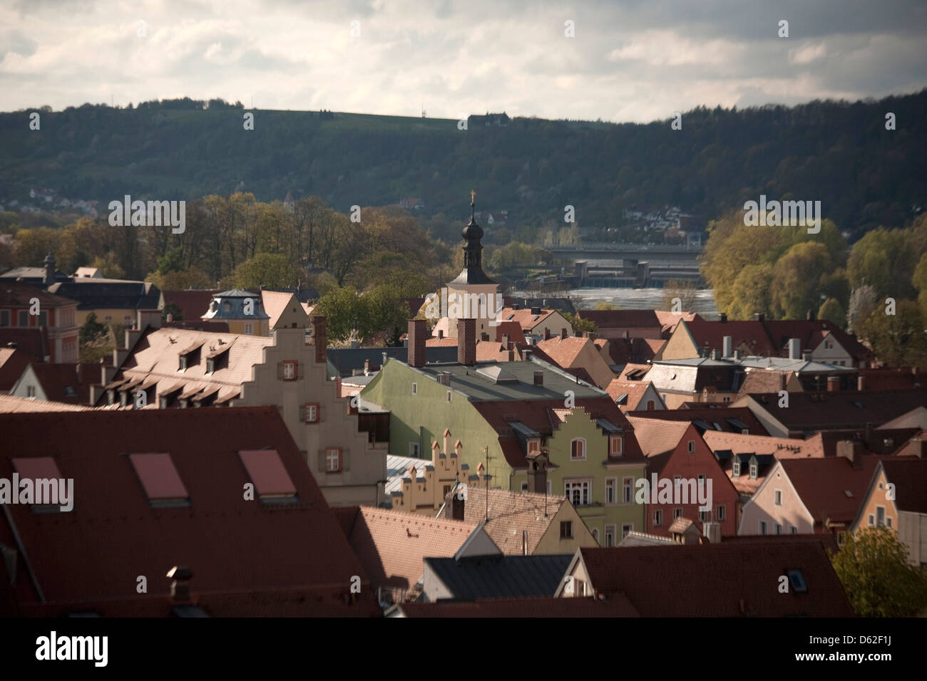 Rooftop view of Old Town and surrounding hills of Regensburg, Germany, an UNESCO World Heritage Site. Stock Photo