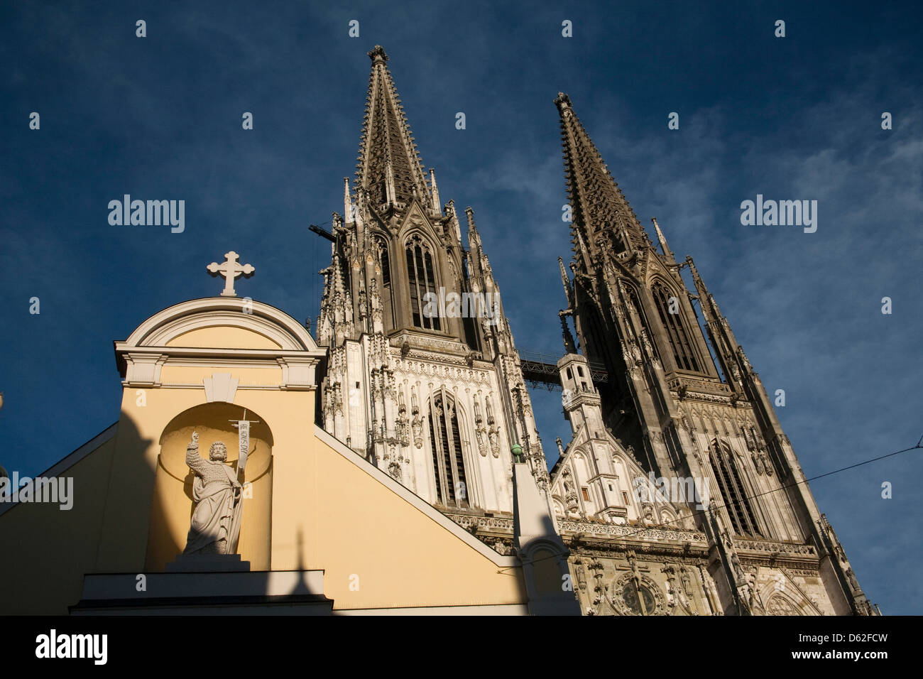 Towers of St. Peter's Cathedral in Old Town Regensburg, Germany, an UNESCO World Heritage Site. Stock Photo