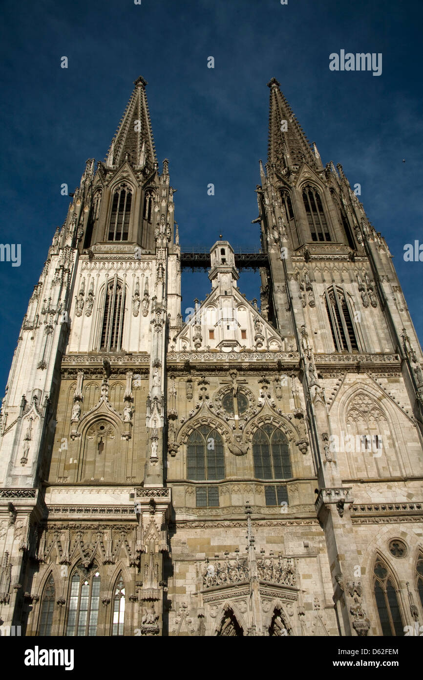 Towers of St. Peter's Cathedral in Old Town Regensburg, Germany, an UNESCO World Heritage Site. Stock Photo