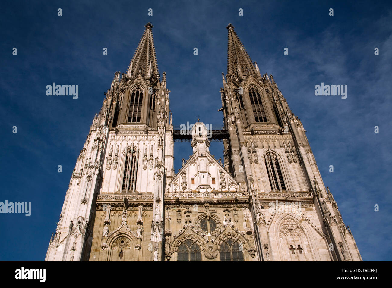 Towers of St. Peter's Cathedral in Old Town Regensburg, Germany, an UNESCO World Heritage Site. Stock Photo