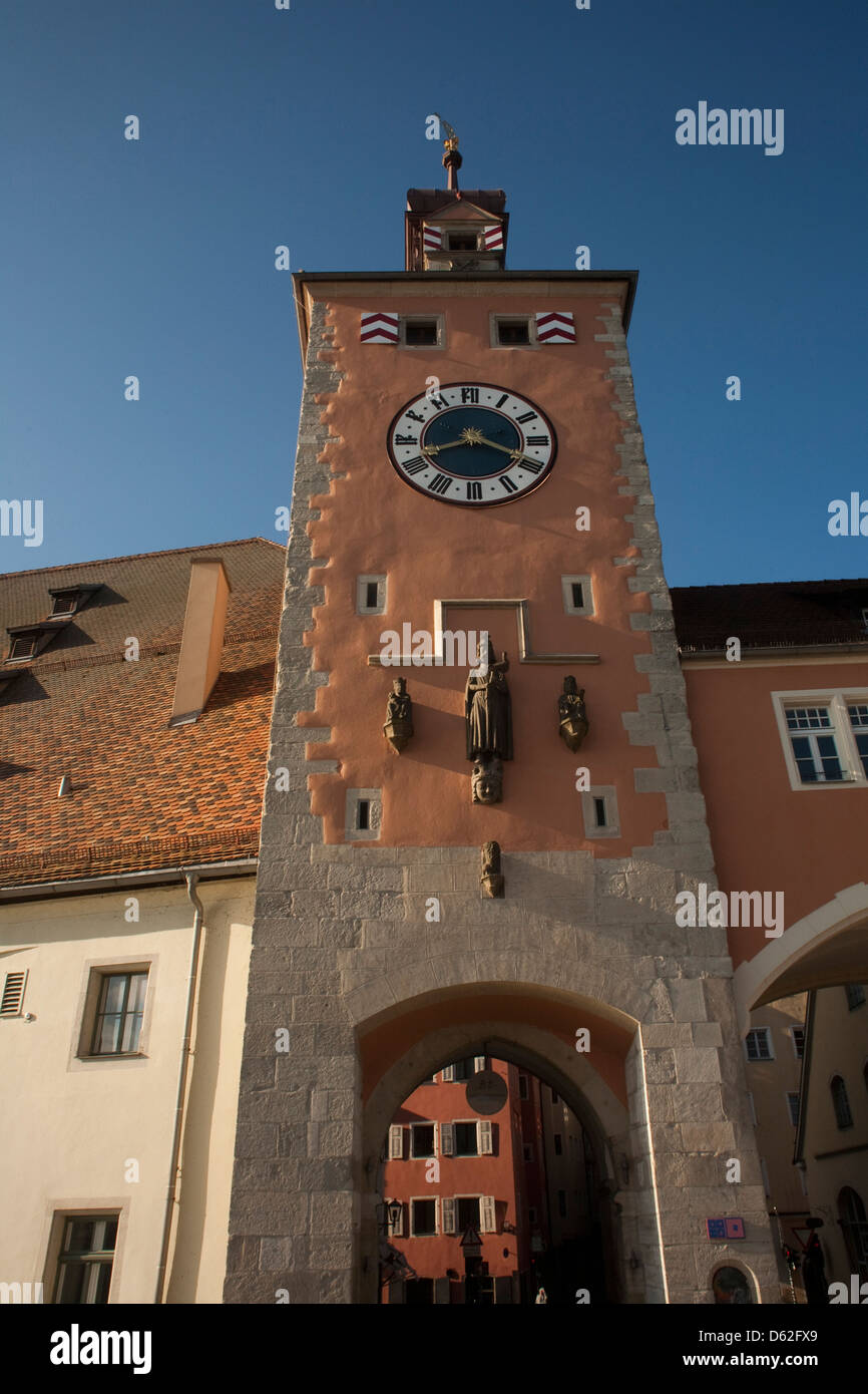 Tower entrance to Old Town from historic Stone Bridge across the Danube at Regensburg, Germany, an UNESCO World Heritage Site. Stock Photo