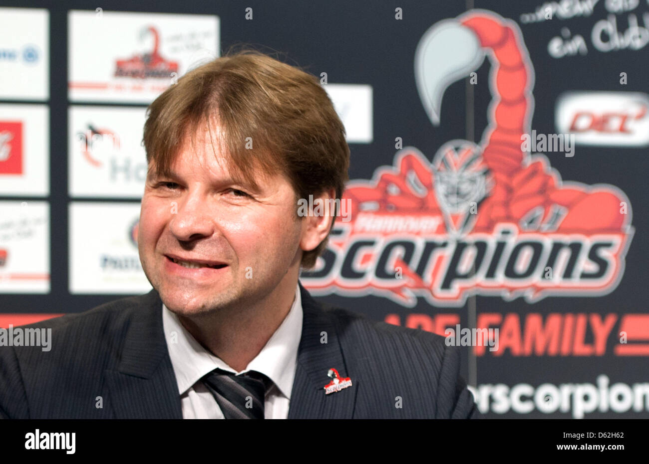 The Hanover Scorpion's new head coach Igors Pavlovs is introduced during a  press conference in Hanover, Germany, 22 May 2012. Pavlovs sign a one-year  contract with the first league ice hockey team.
