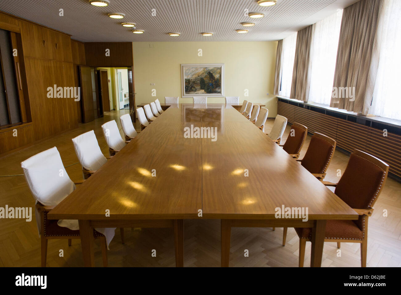 The conference room where the heads of the GDR secret police met with district administrators, an exhibit in 'Haus 1' the ministerial headquarters of the Stasi secret police in Communist East Germany, the GDR.  .. (More caption in Description) Stock Photo