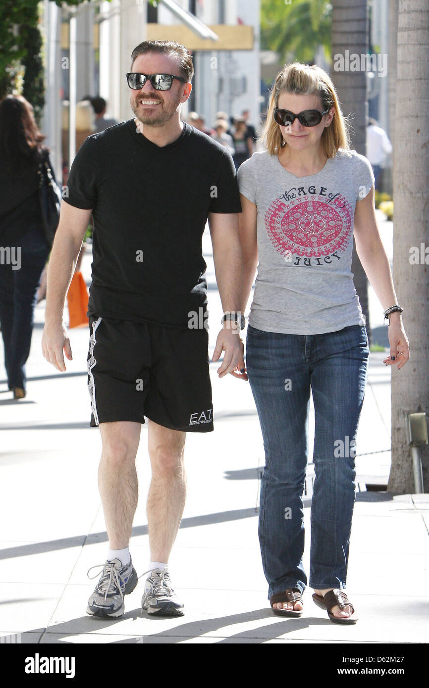 Ricky Gervais and partner Jane Fallon are seen out and about in Beverly
