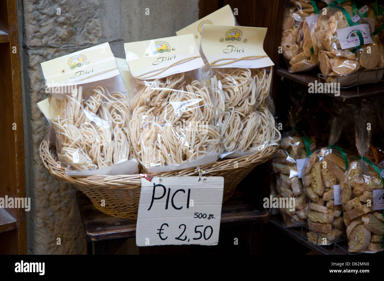 Bags of pasta for sale in the spa town of Bagno Vignoni, Tuscany, Italy Stock Photo