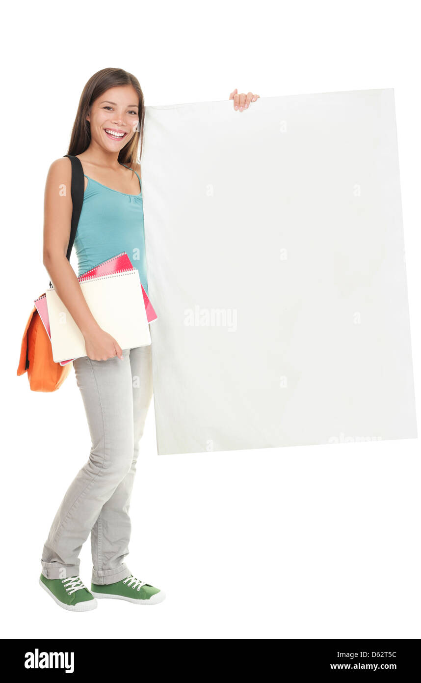 Blank sign student. Female college / university student standing ...