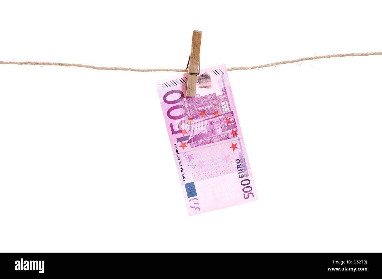 Five hundred euro note drying on a line Stock Photo