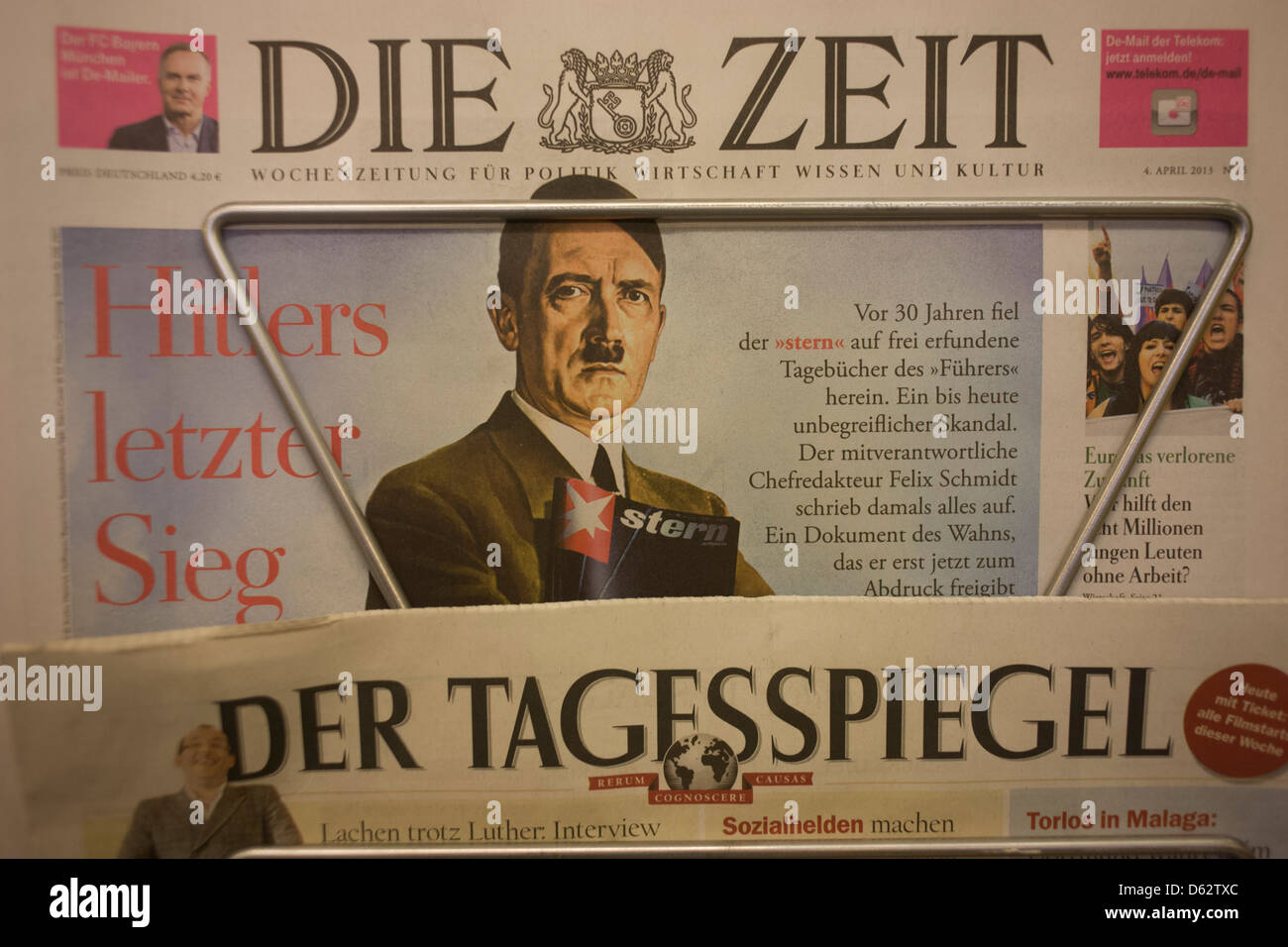 The German national newspaper Die Zeit displays a picture of National Socialist party leader (Nazi) Adolf Hitler on their front page, a feature about Stern Magazine's controversial Hitler Diaries scandal, 30 years ago. Stock Photo