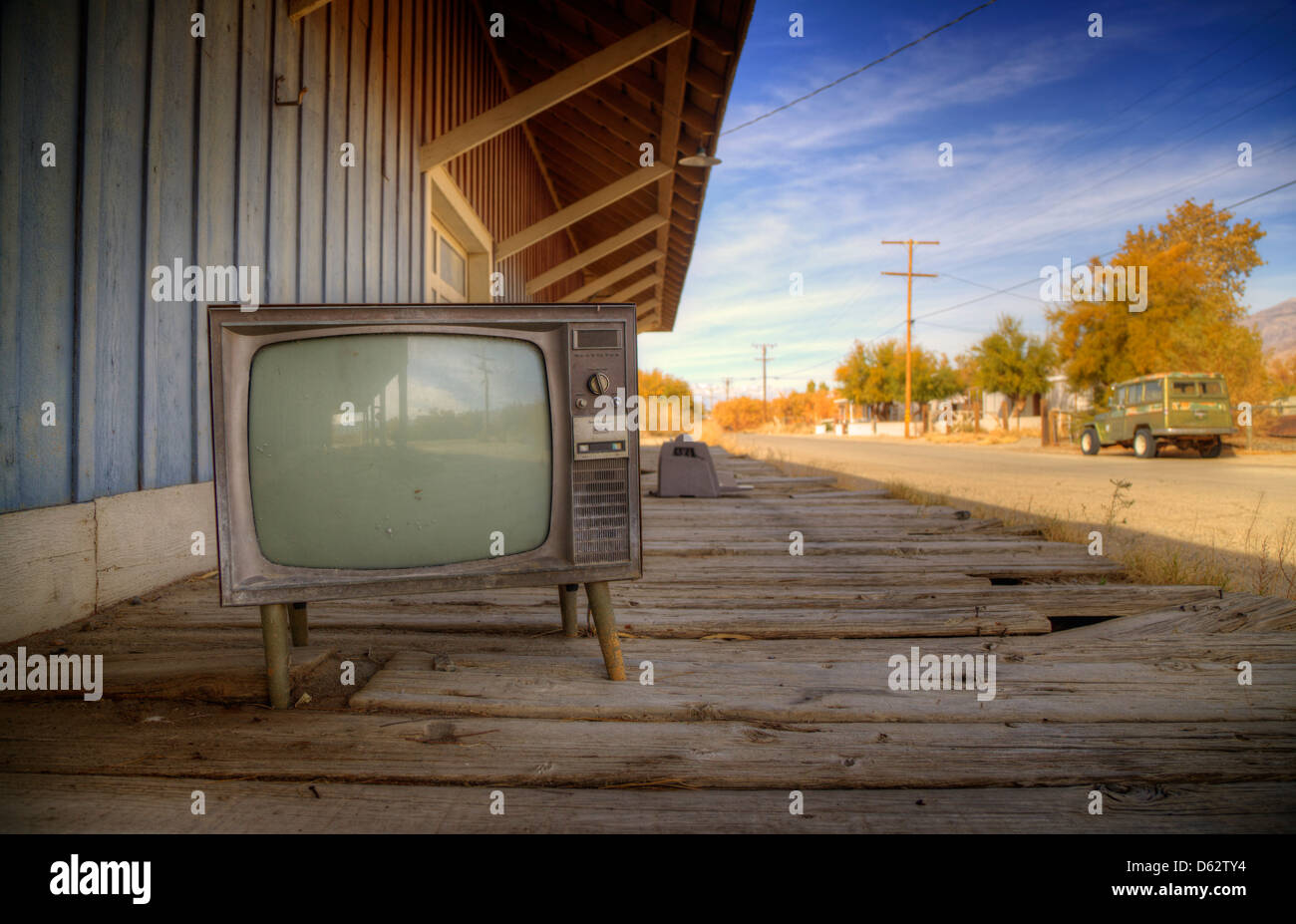 Tv set and disused railroad station, Keeler, California, USA Stock Photo