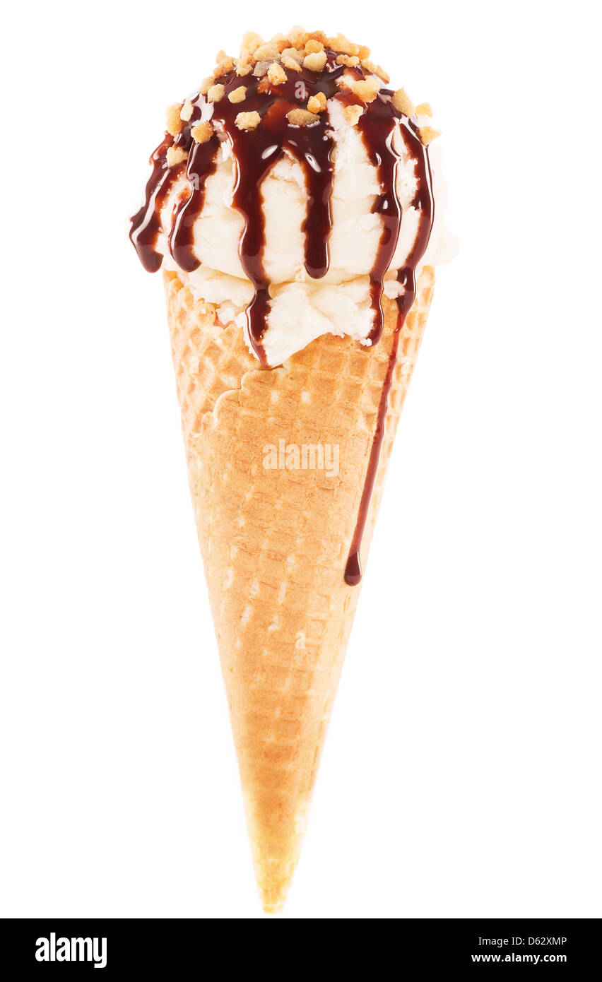 vanilla flavor ice cream in a cone with chocolate sauce and brittle on  white background Stock Photo - Alamy, image size:852x1390