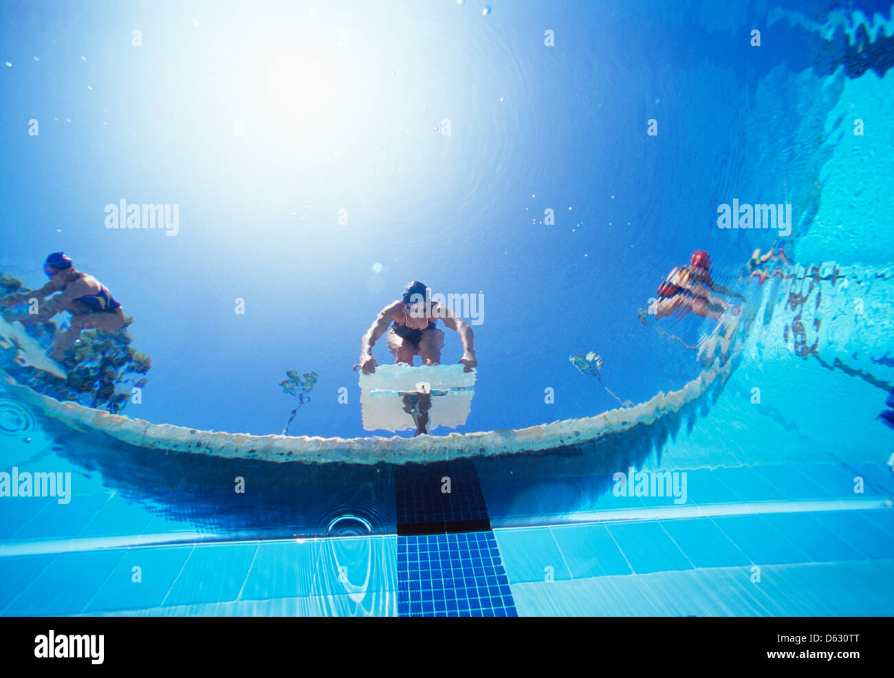 Low ngle view of female swimmers ready dive in pool from starting position Stock Photo