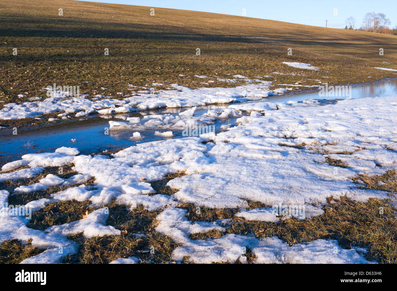 Thawing snow and ice with stream of water reflecting blue sky Stock ...