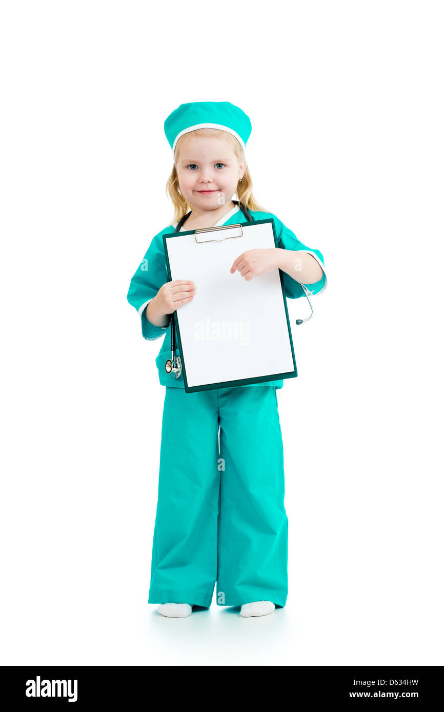Adorable kid uniformed as doctor with empty clipboard in her hands Stock Photo