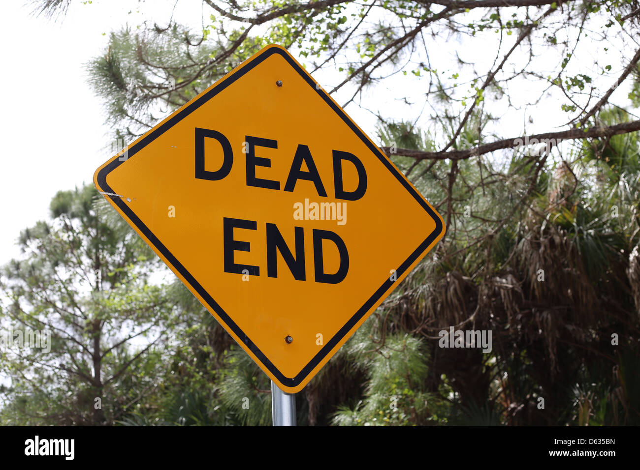 A yellow caution dead end street or road sign Stock Photo