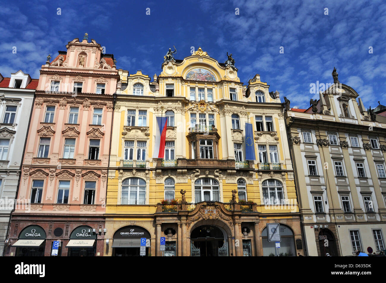 Old Town Square, Prague, colourful baroque buildings line the 14th century  market square. Stock Photo