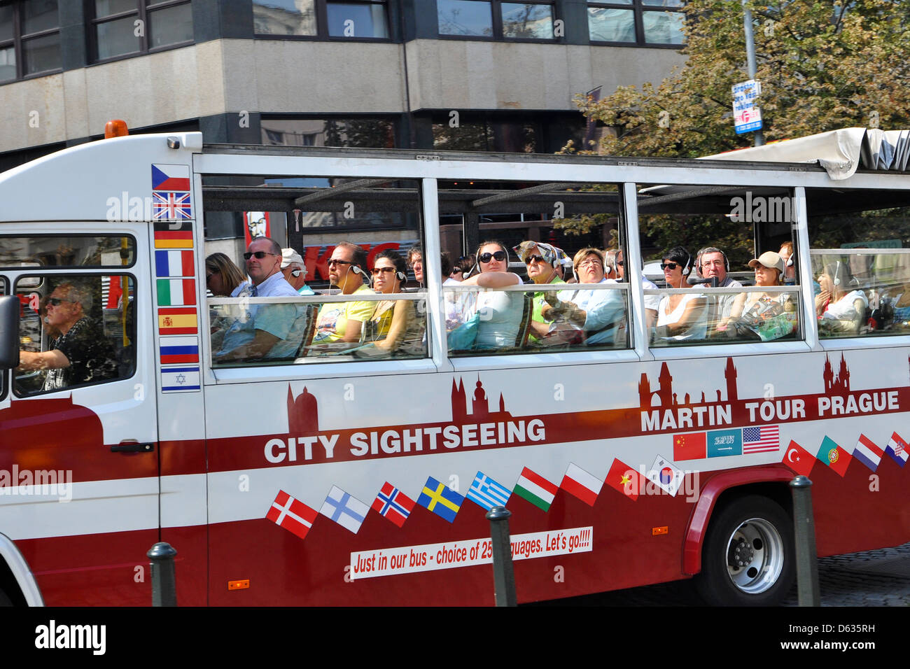 A coach load of tourists tour Prague, Czech Republic Stock Photo