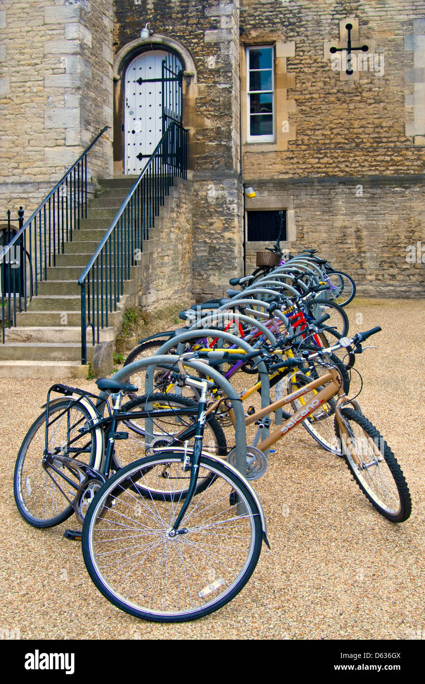 Oxford, England, UK. Bicycles at a bike rack by the Castle Stock Photo