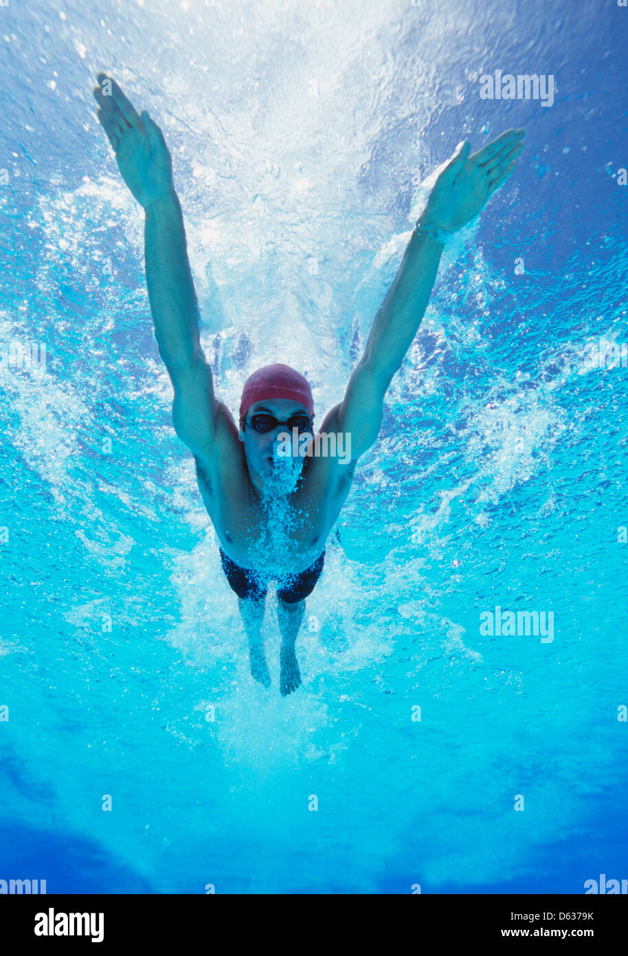 Professional young male thlete swimming in pool Stock Photo